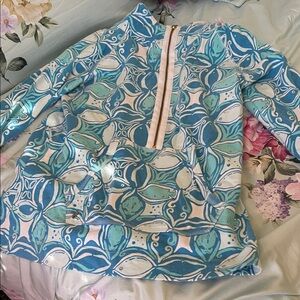 Lilly Pulitzer Blue White Teal Printed Pullover, Medium, 100% Cotton